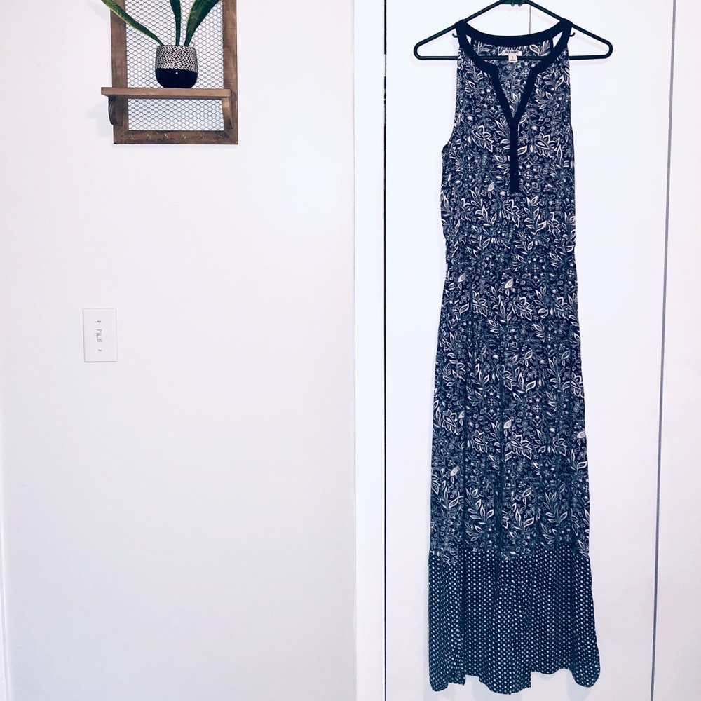 Navy/white floral/paisley print maxi dress